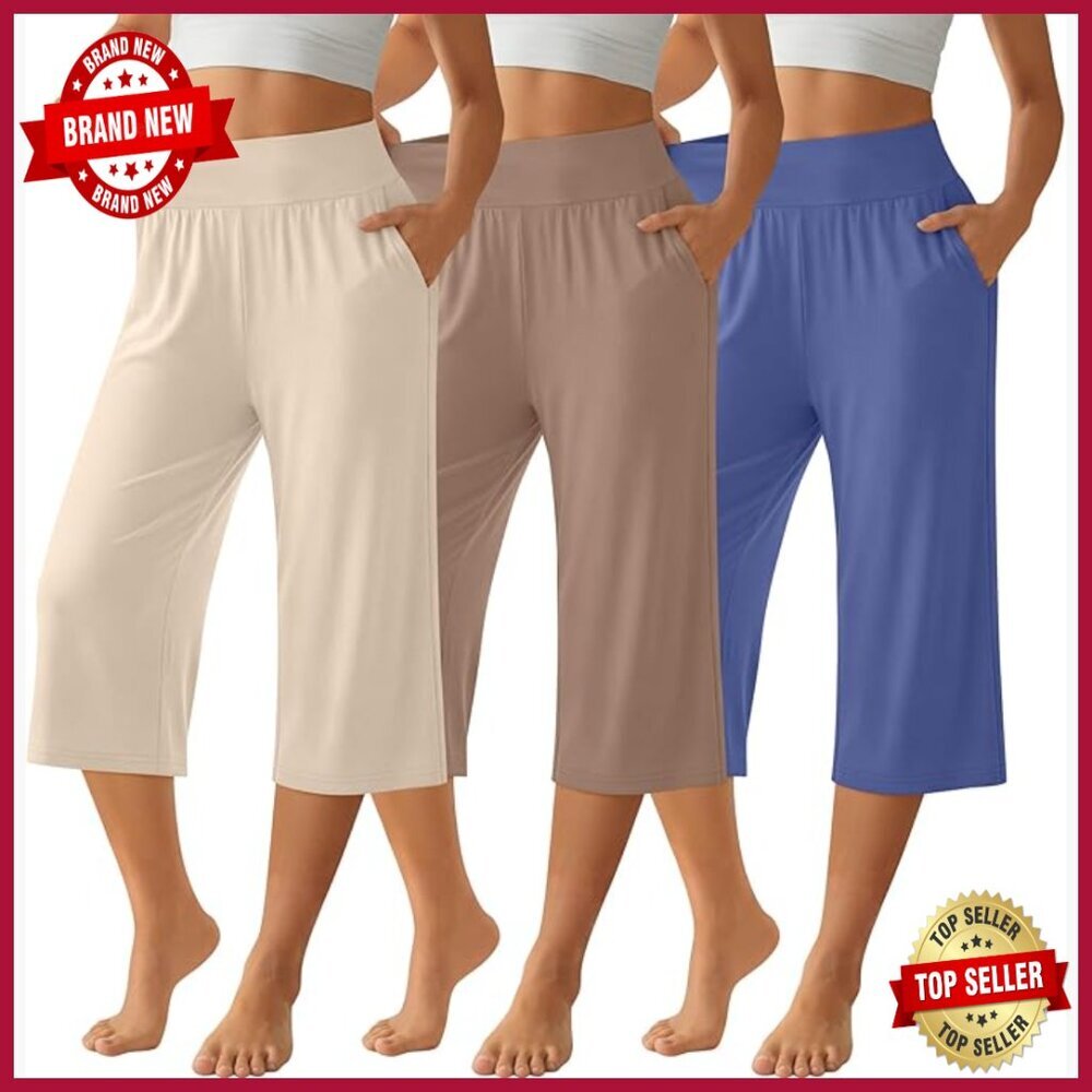 3 Pack High Waist Wide Leg Capri Pants, Polyester Cotton Lounge Sweatpants